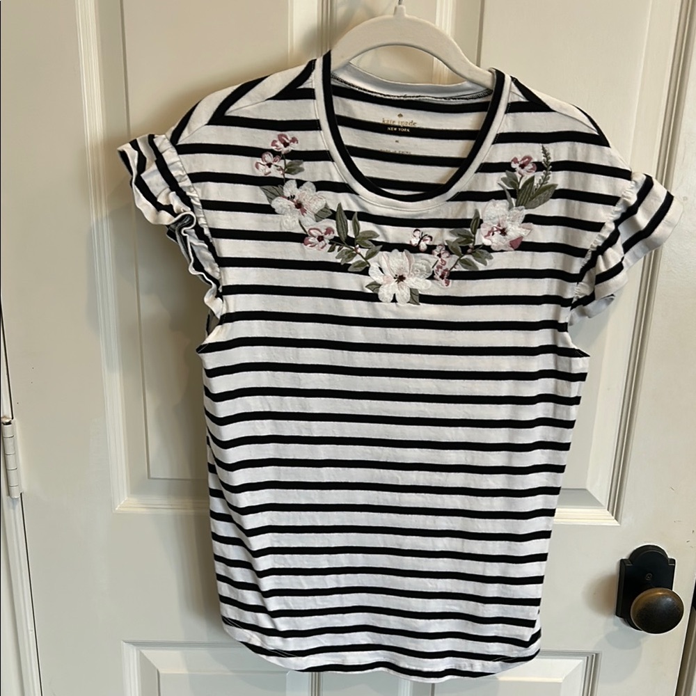 Kate Spade Black and White Striped Top with Floral Embroidery